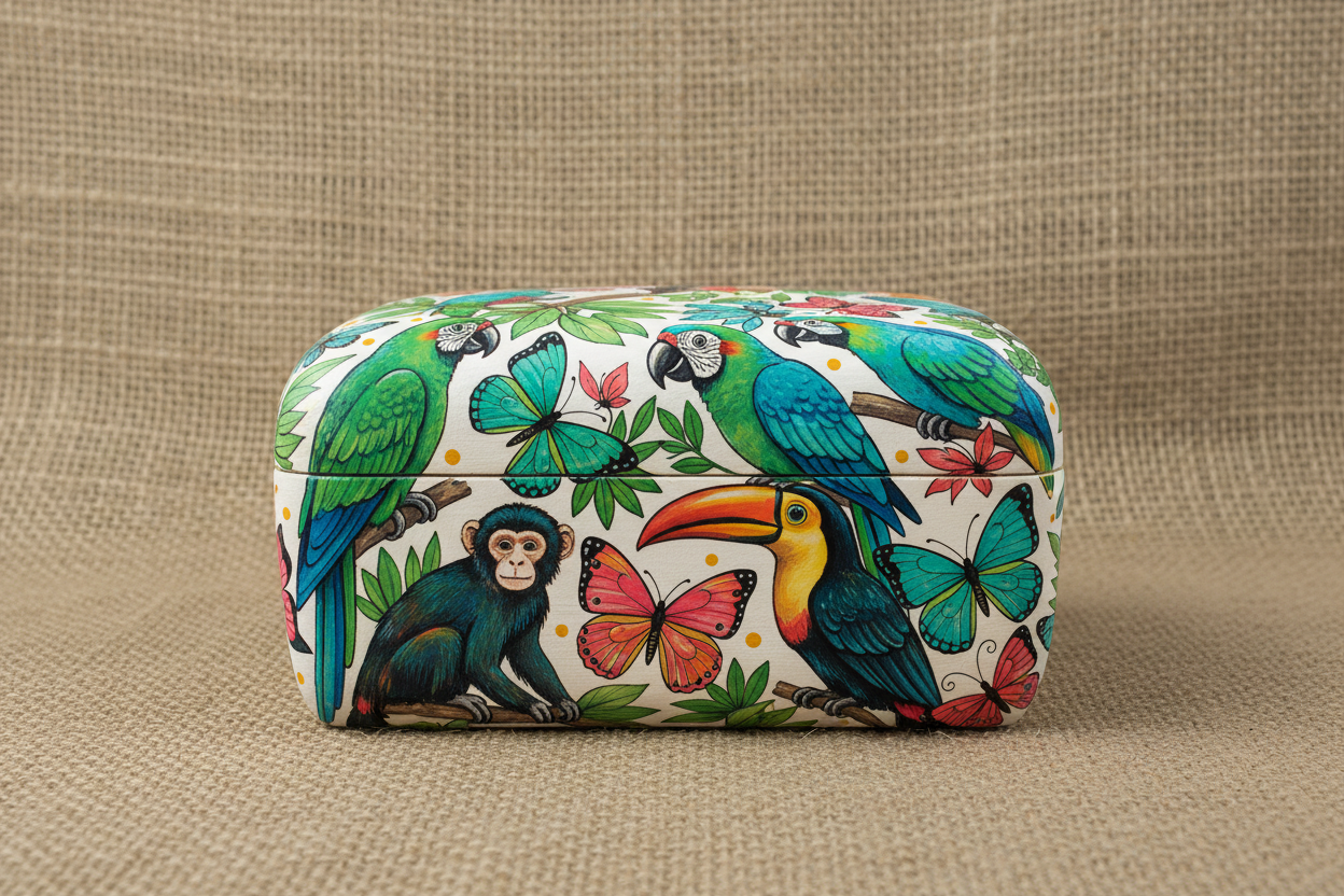 Yute texture in the background with an illustrated Box with tropical animals